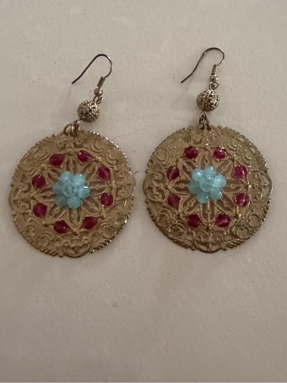 Drop Earrings with Turquoise Flower and Ruby Accents